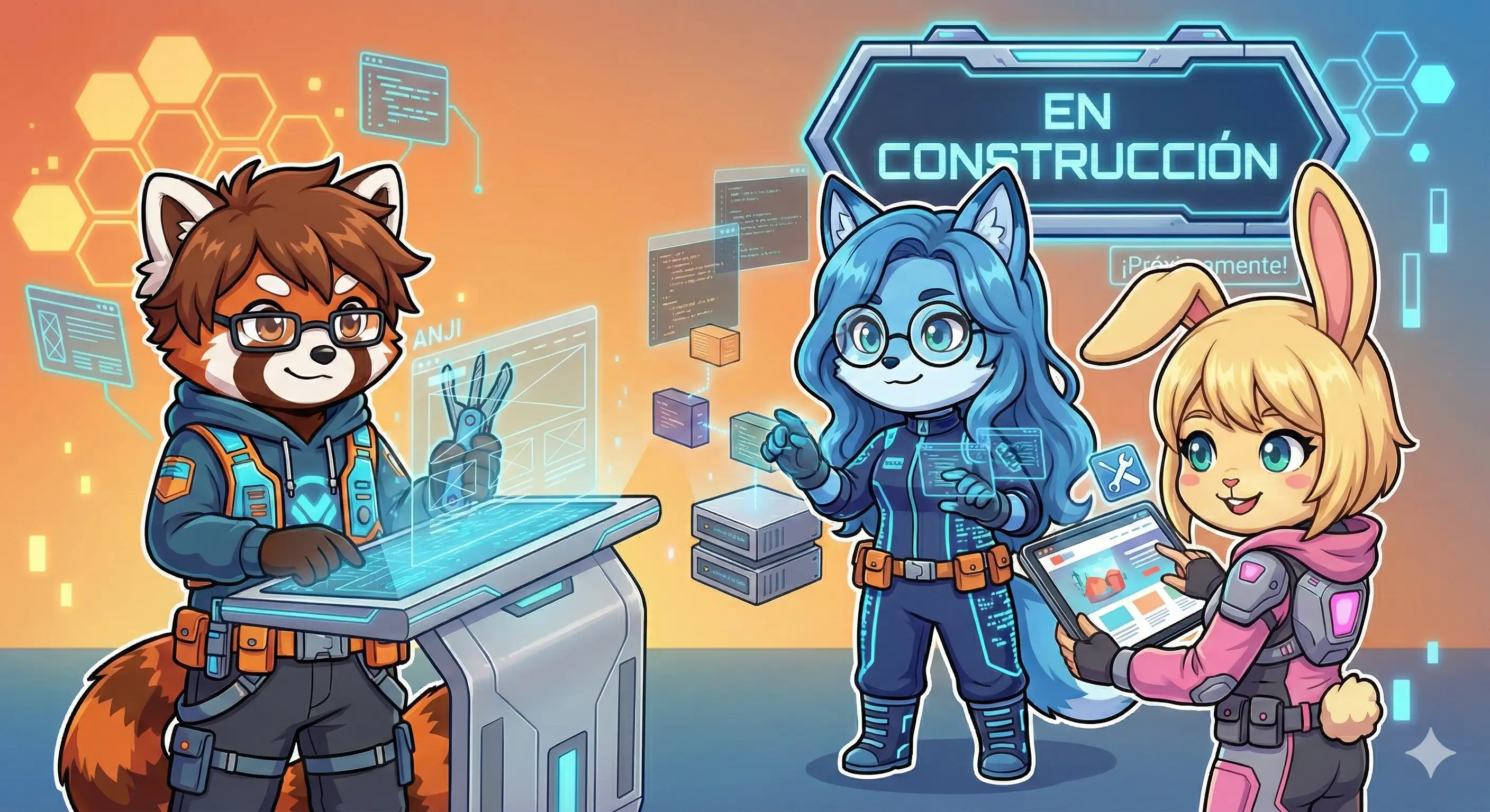 Personajes construyendo el laboratorio tecnológico
